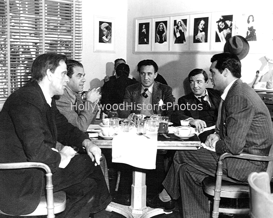 Warner Bros. Commissary Raymond Massey, Frank Capra, Peter Lorre, Cary Grant 1944.jpg